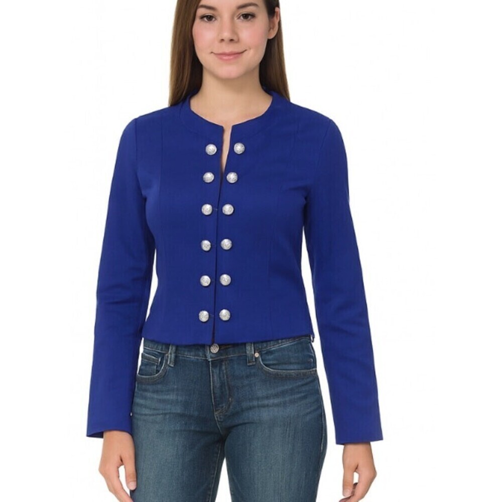 C+D+M Boutique blazer jacket gold buttons NEW Navy blue open front SZ SM